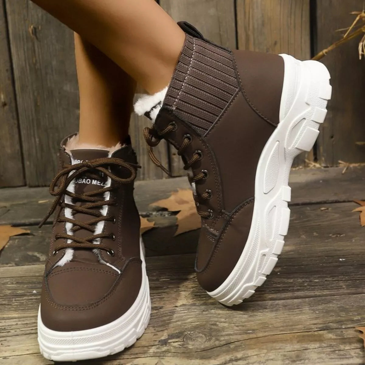 Plush lining lace up boots lifestyle shot