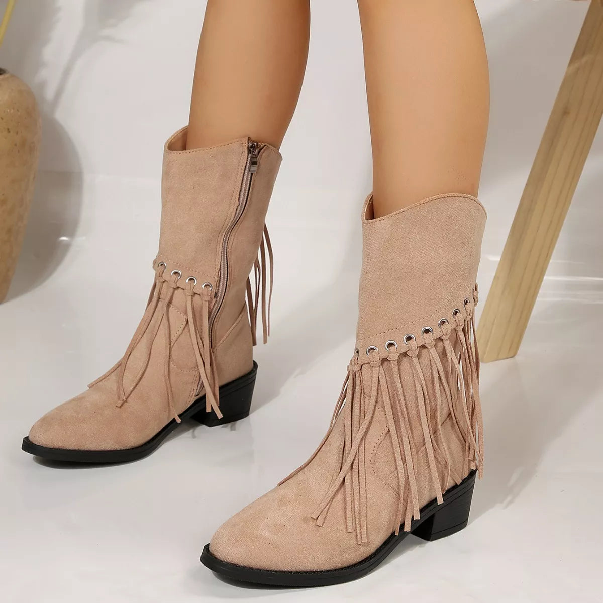 Fringe Western Block Heel Boots side profile