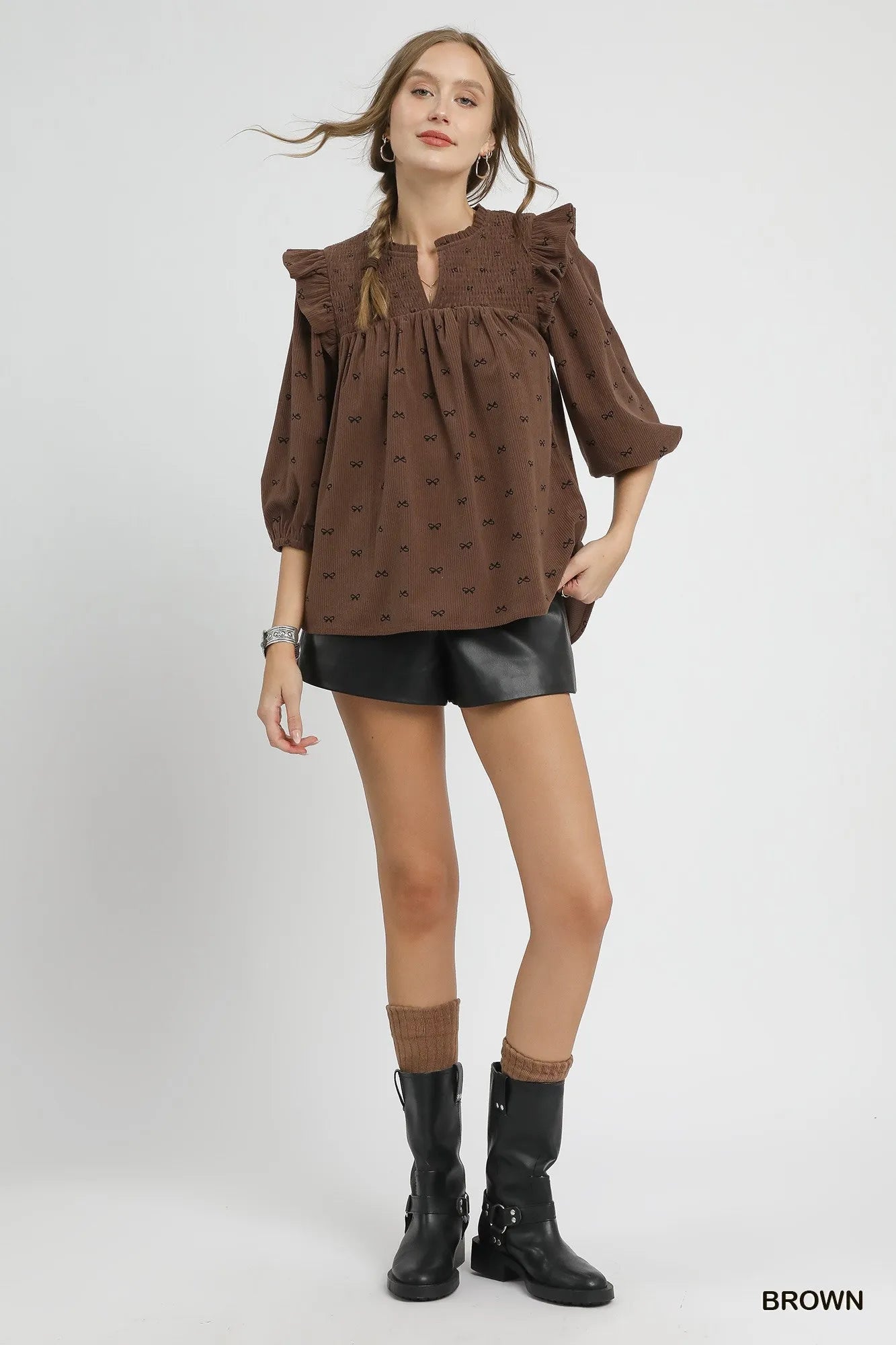 Umgee Bow Print Corduroy Puff Sleeve Blouse with Ruffled - Fashorio