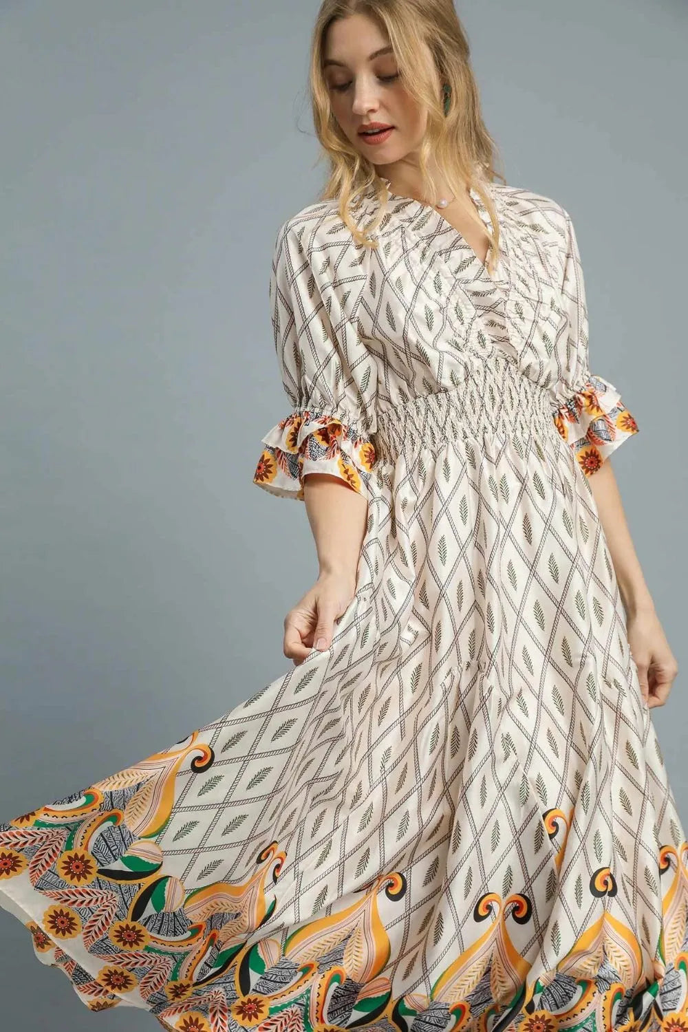 Printed Smocked Waist Flounce Sleeve Midi Dress back view