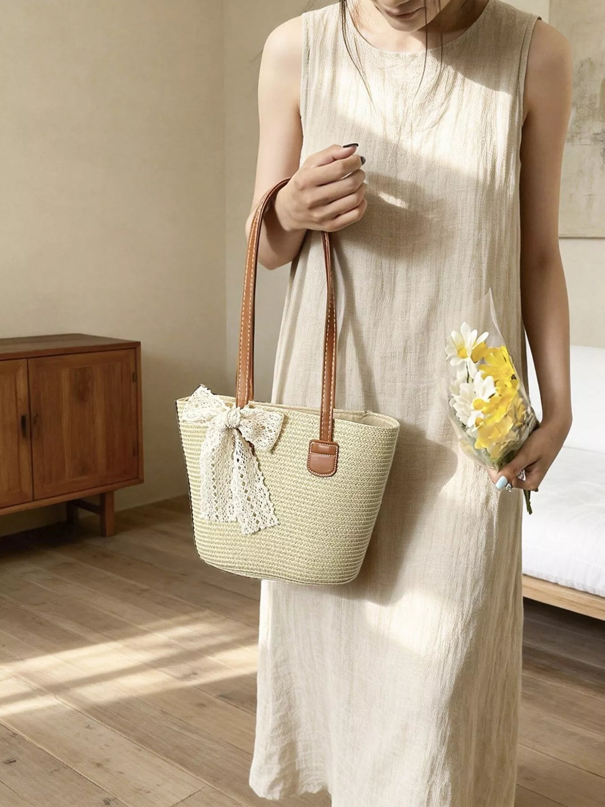 Interior of woven straw summer purse