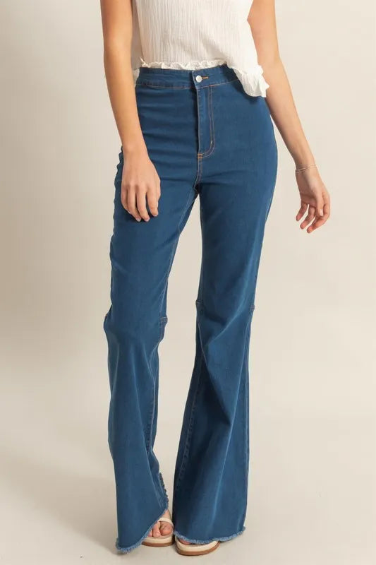 Raw hem high waist flared denim jeans in dark wash front view