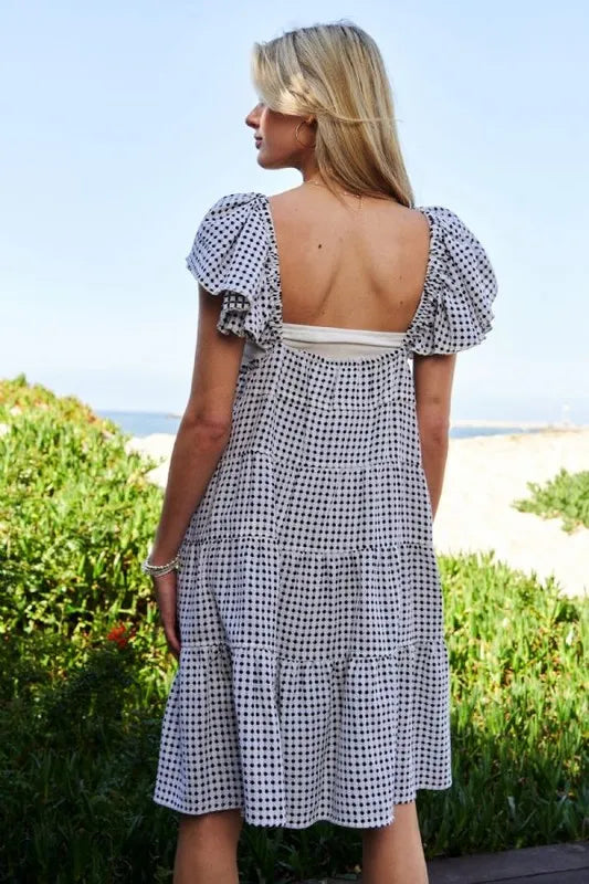 Jacquard V Neck Flutter Sleeve Tiered Dress in Black and Ivory detail