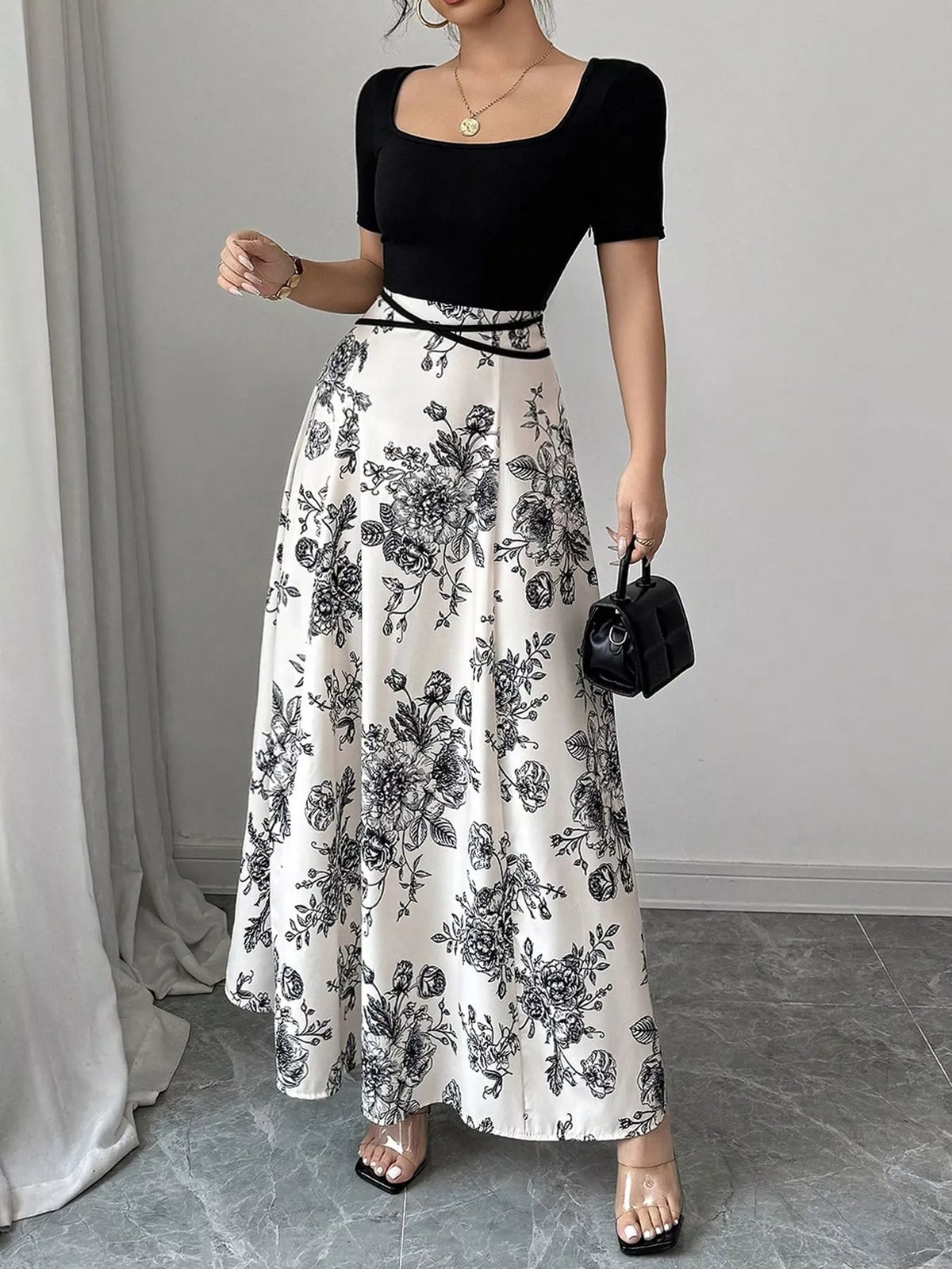 Black floral print square neck maxi dress front view