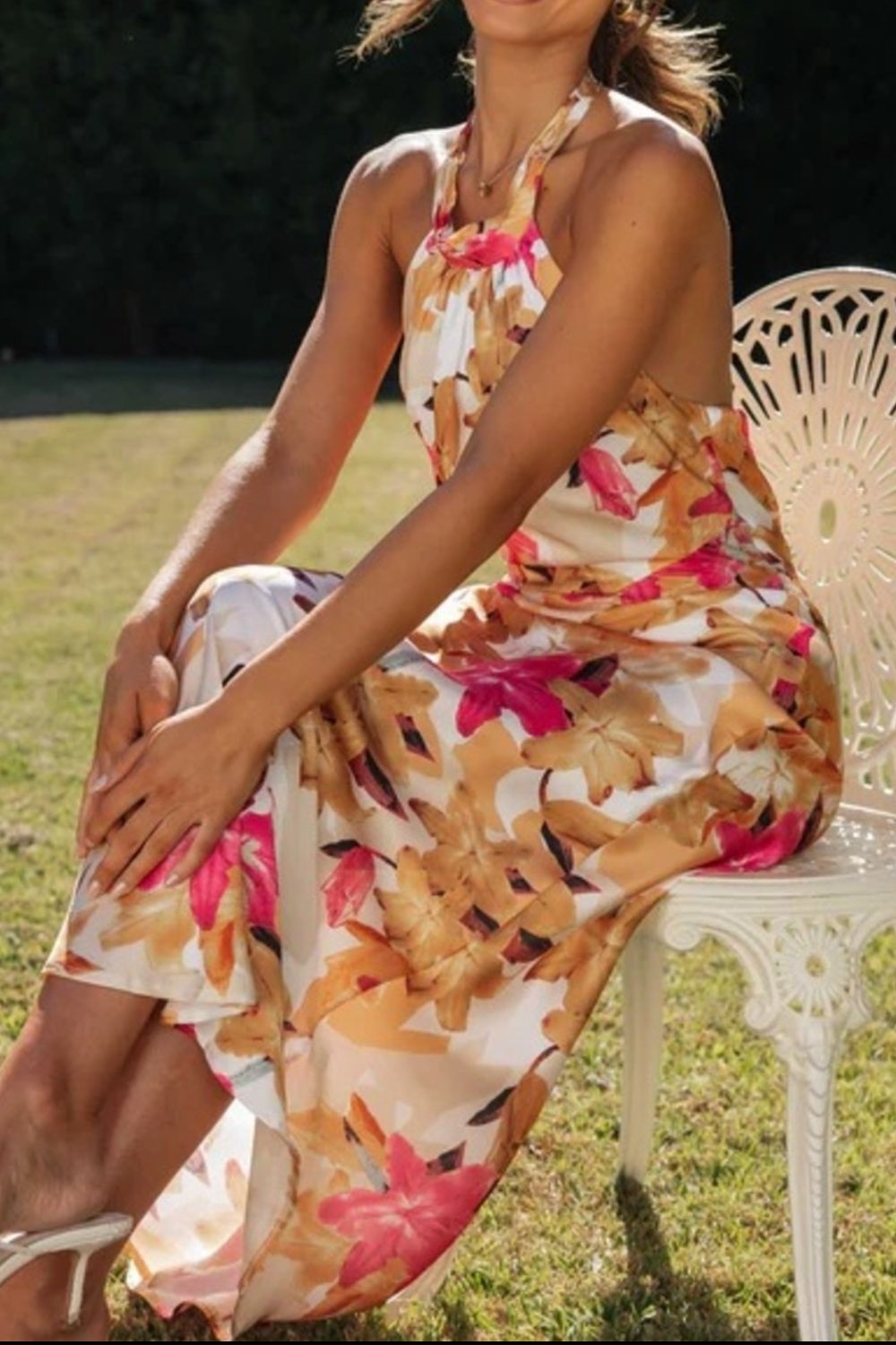 floral halter neck maxi dress with leg slit fabric and print detail