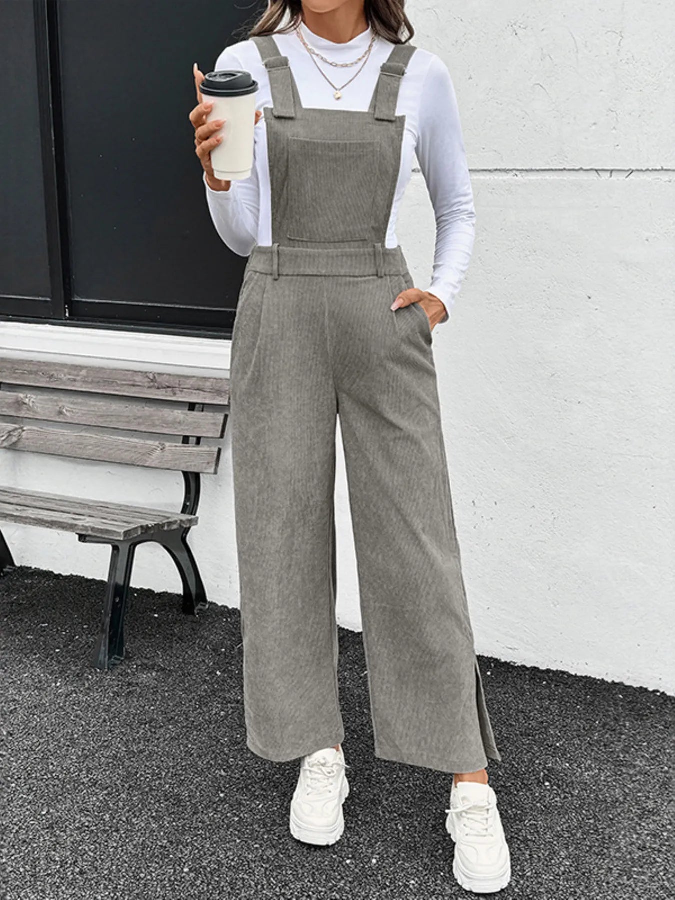 Slit Wide Leg Overalls with Pockets - Fashorio