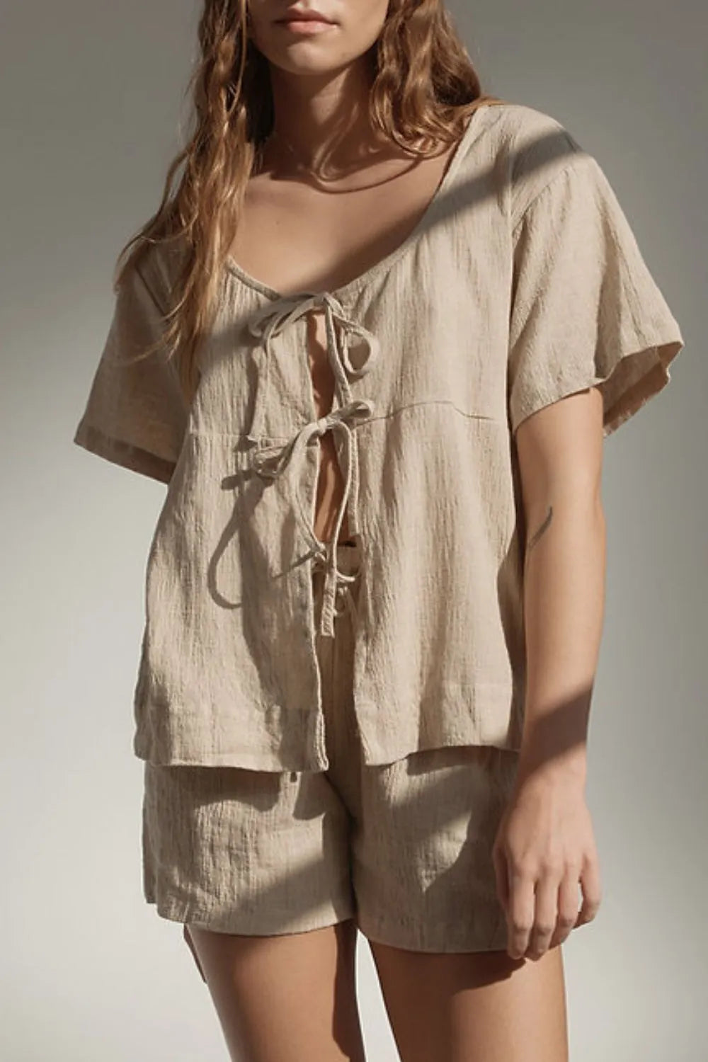Plaid Tied Scoop Neck Short Sleeve Top and Drawstring Shorts Set view 13
