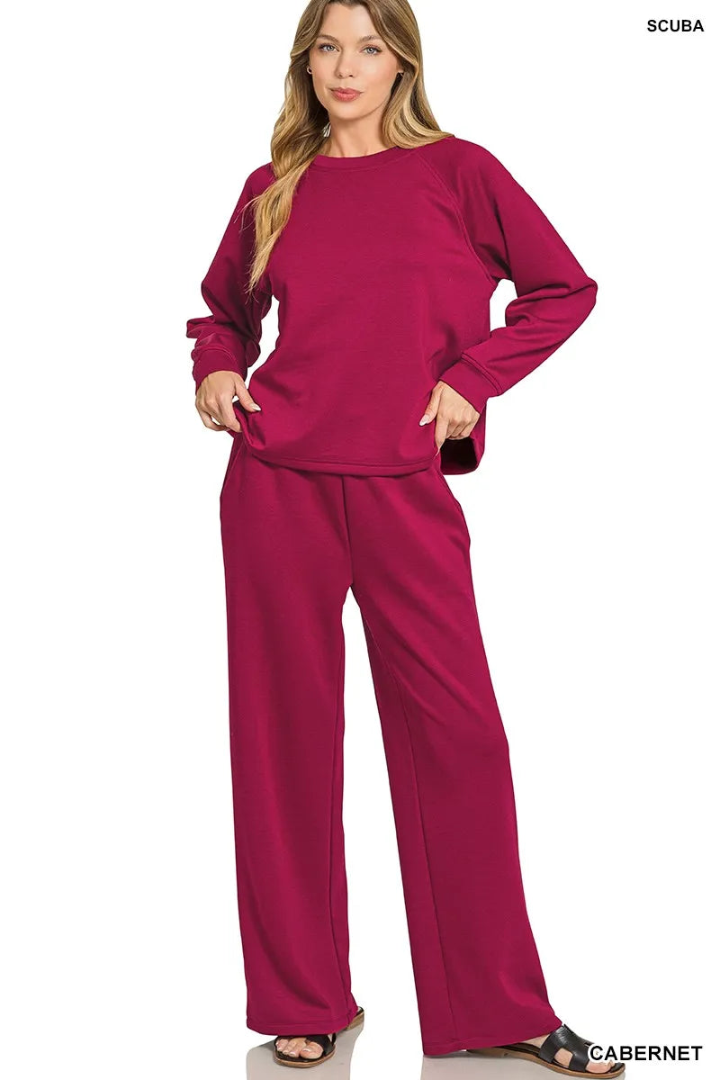 Zenana Scuba Crewneck Sweatshirt and Pants Set CABERNET - Fashorio
