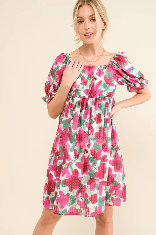 Smocked Floral Ruffle Mini Dress in Fuchsia styled look