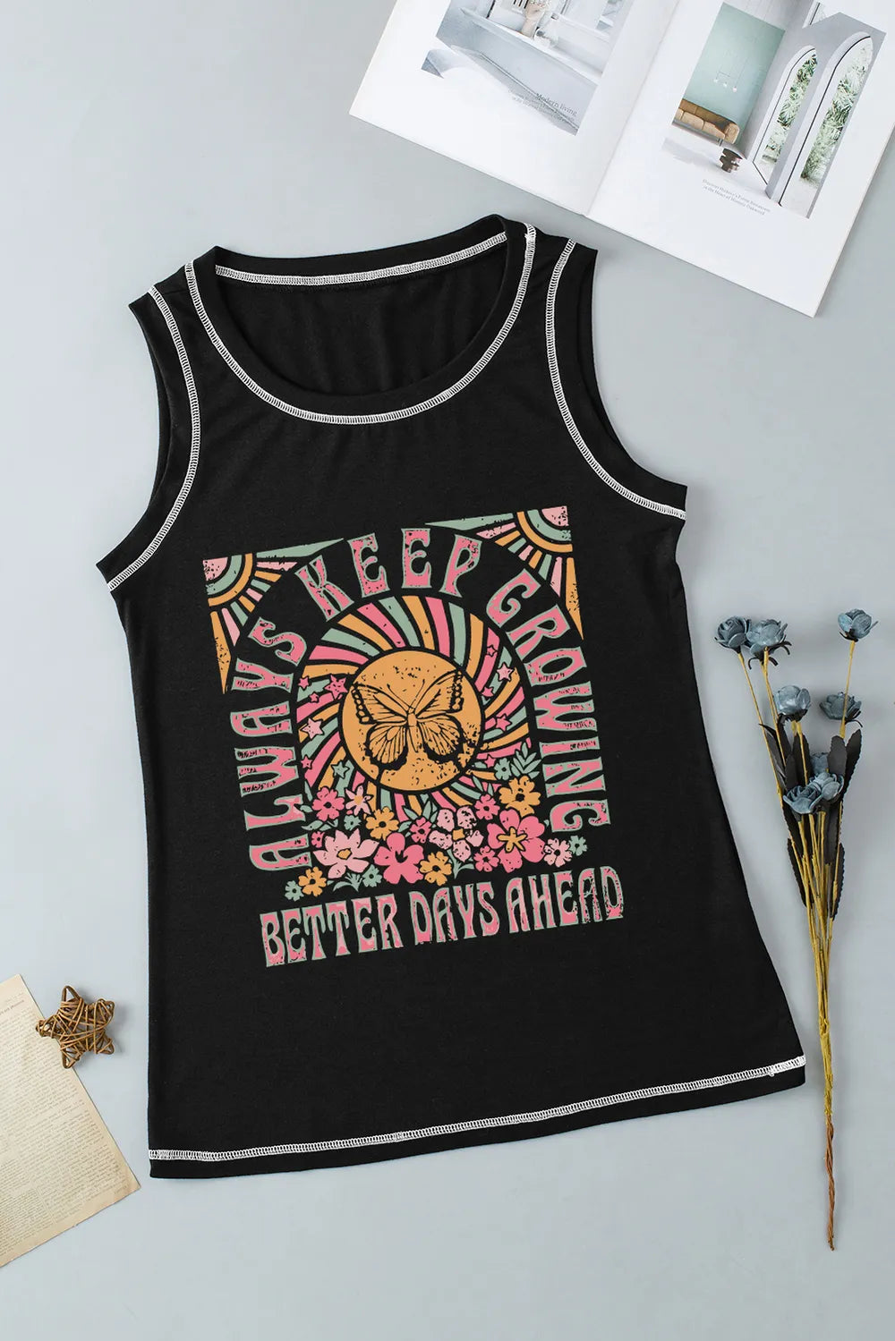 Round neck tank top close up of graphic print