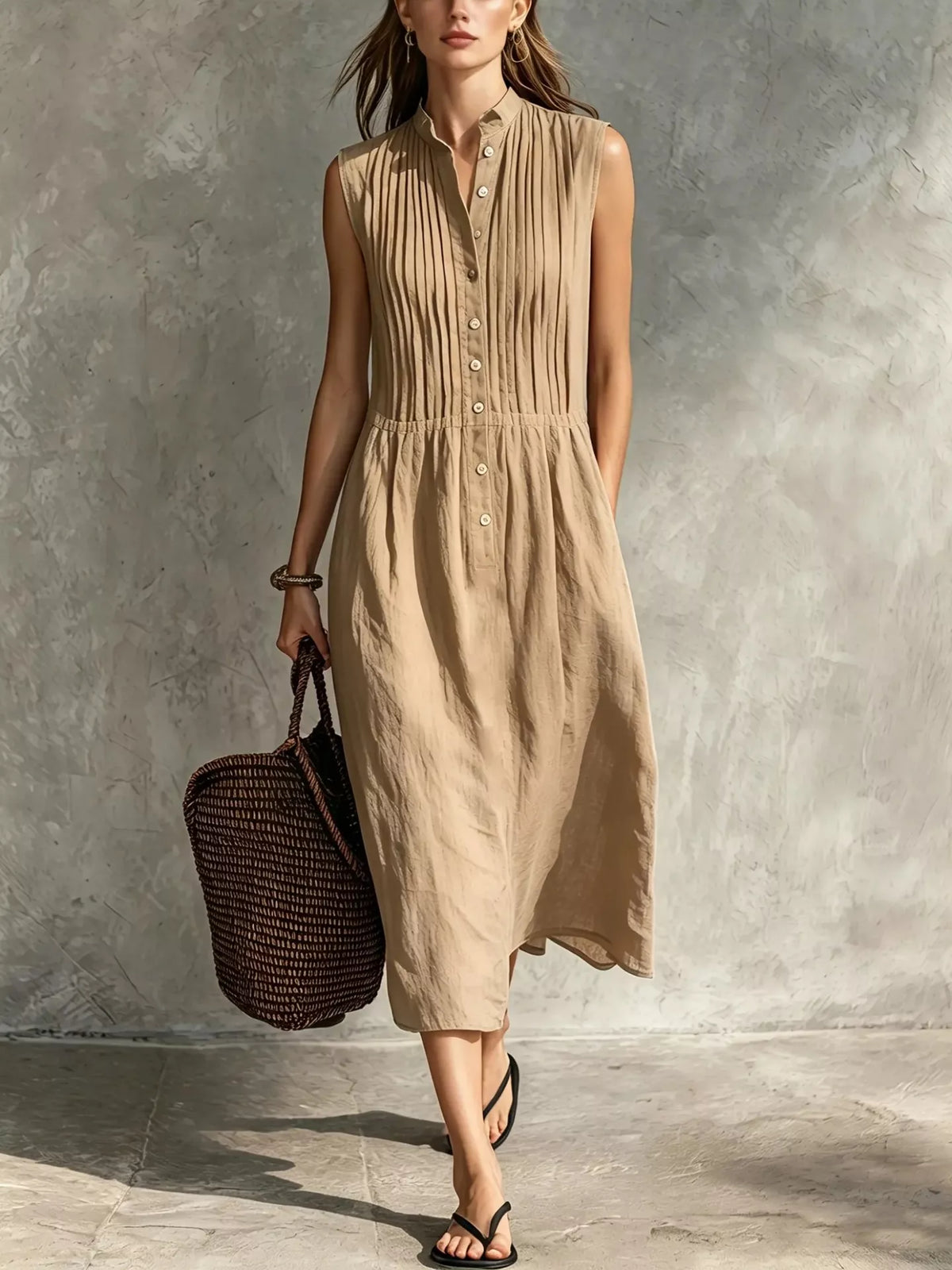 Sleeveless Button Front Midi Dress with Pockets, view 7