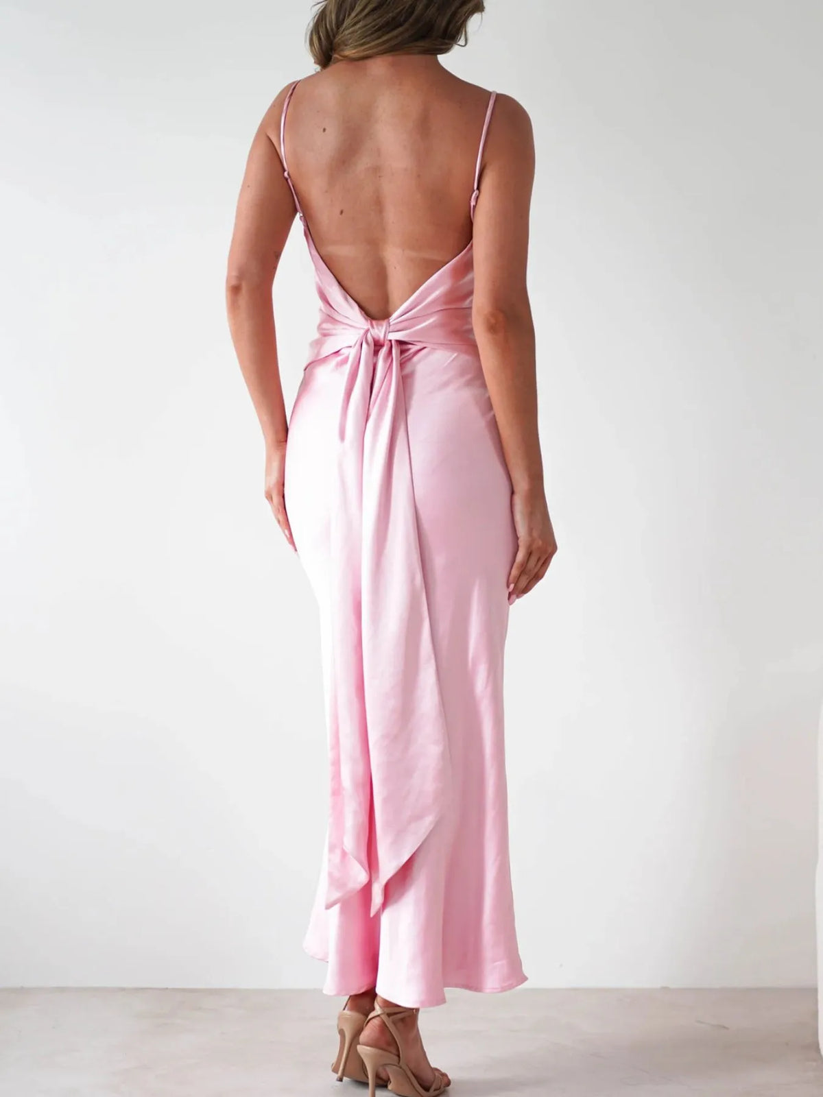 satin backless cami dress walking view
