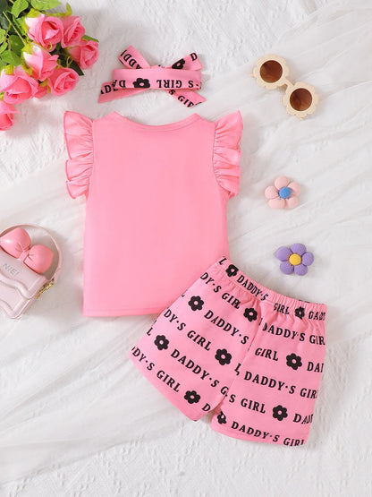 Children's Headband Letter Ruffle Sleeve Top and Shorts 3-Piece Set - Fashorio
