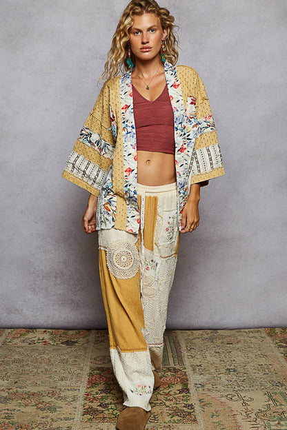 POL Raw Edge Open Front Patchwork Cardigan with Floral Trim - Fashorio