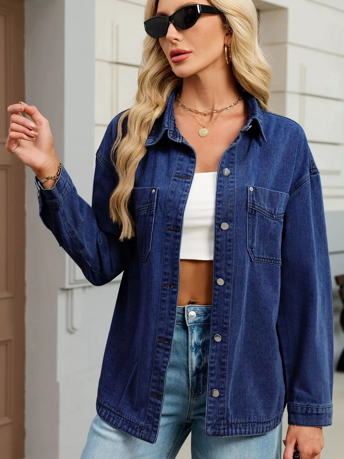 Drop Shoulder Button Up Denim Jacket in Black view 15