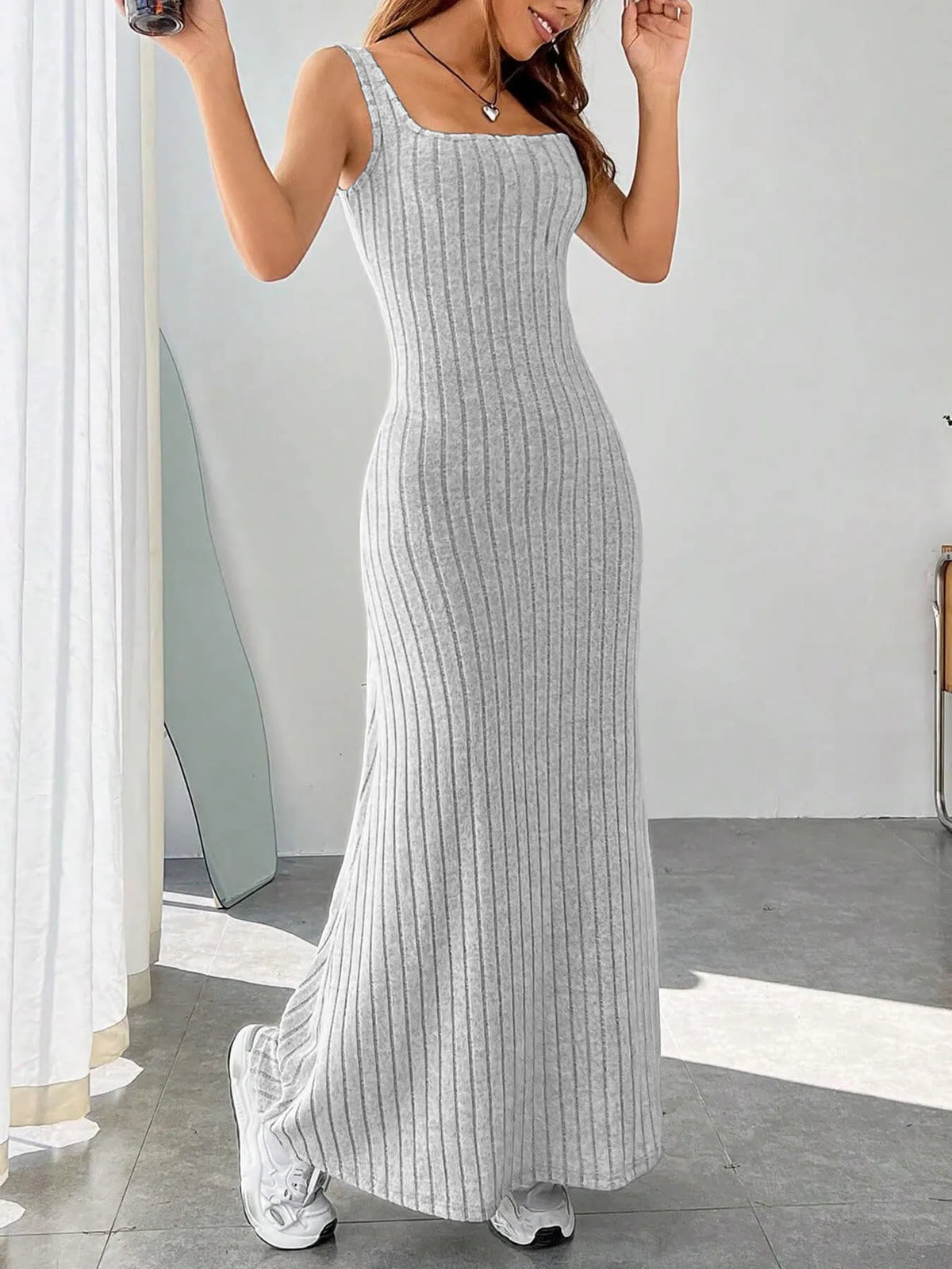 ribbed knit square neck sleeveless maxi dress front view 2