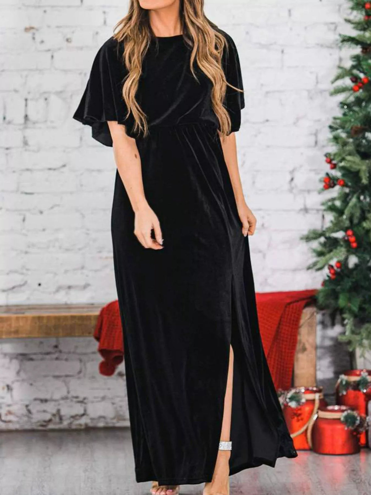 flutter sleeve velvet maxi dress neckline detail