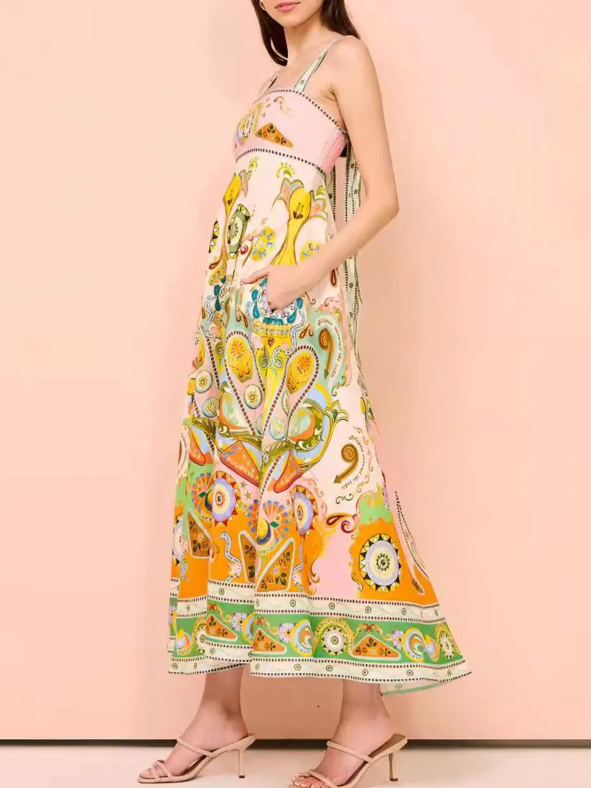 Paisley Print Square Neck Smocked Summer Dress, view 6