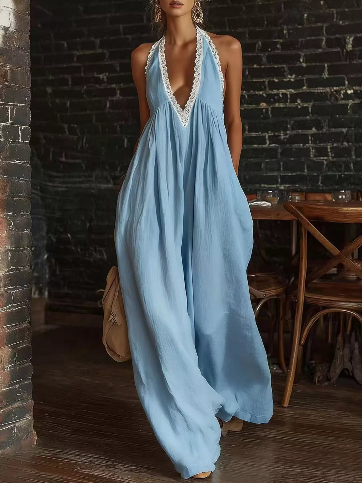 Halter neck jumpsuit lace trim detail