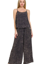Zenana Woven Acid Crinkle Washed Cami & Pants 2 Piece Set ASH BLACK - Fashorio