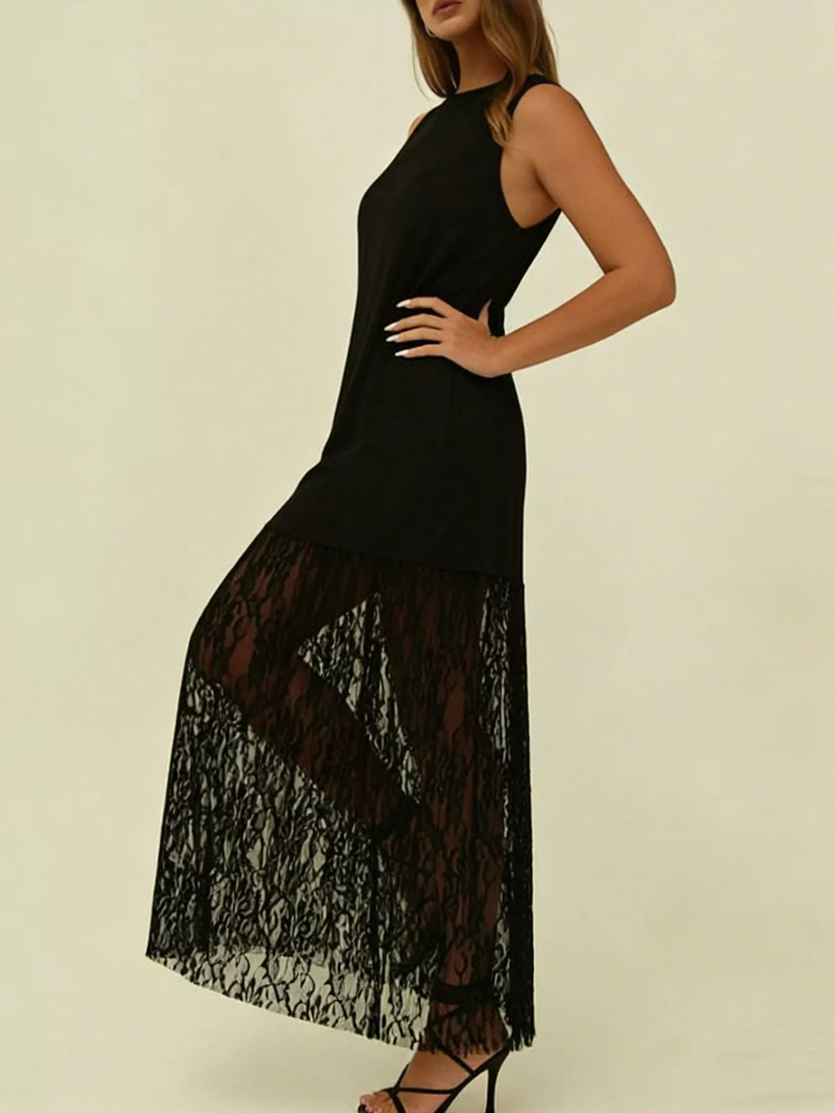 Black plus size sleeveless lace trim maxi dress styled look