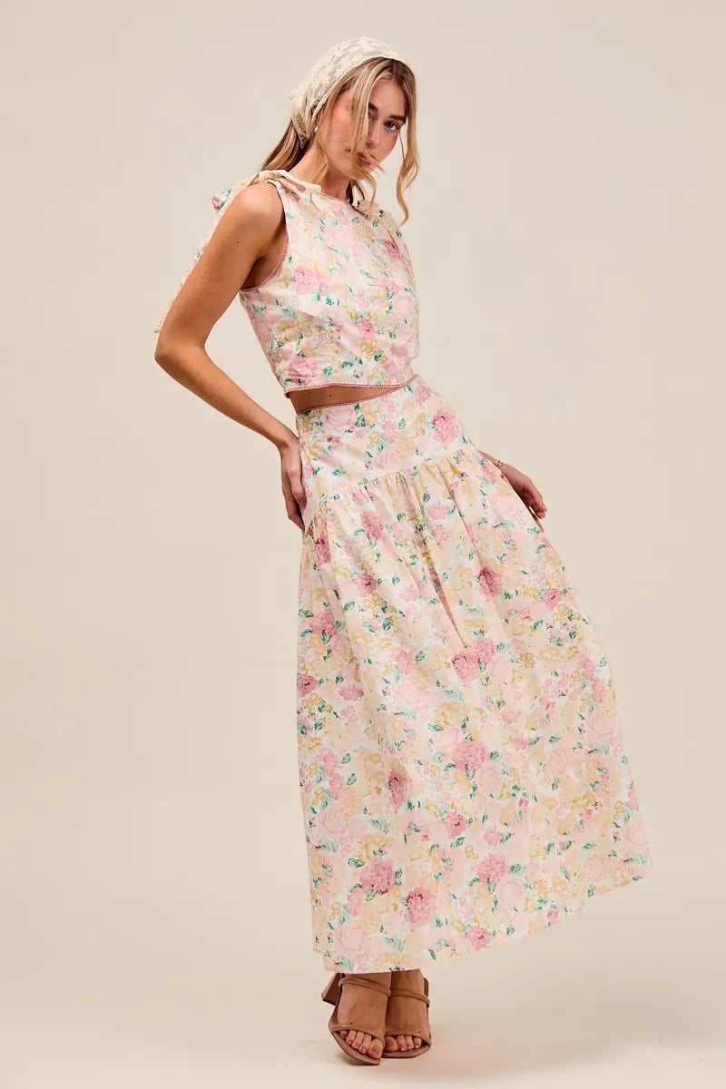 SO ME Floral Printed Woven Shoulder Bow Tie Top and Skirt Set - Fashorio