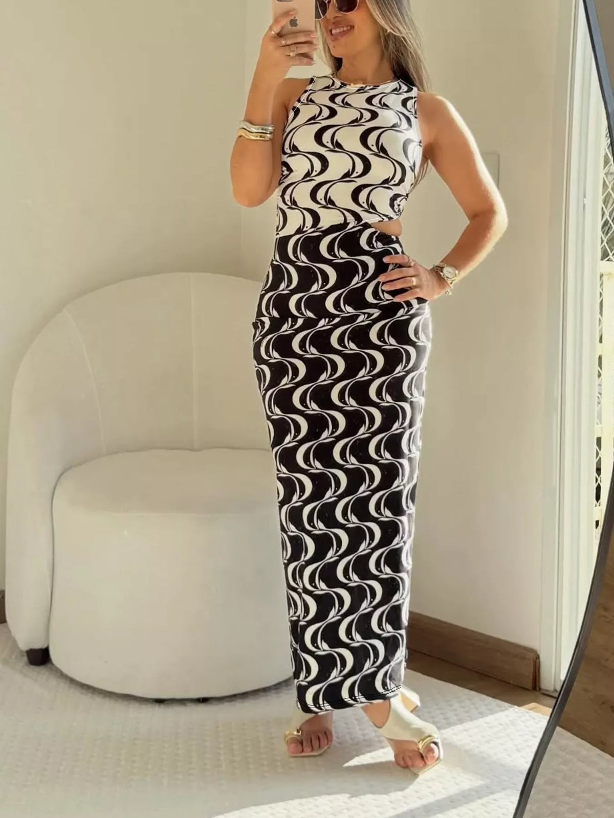 Black wave print cutout maxi dress full length view