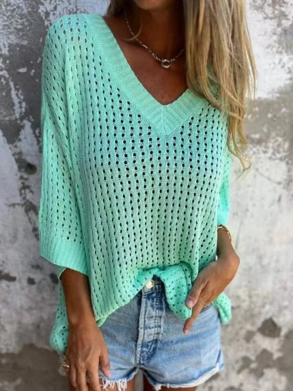 V-neck openwork layering kimono side view