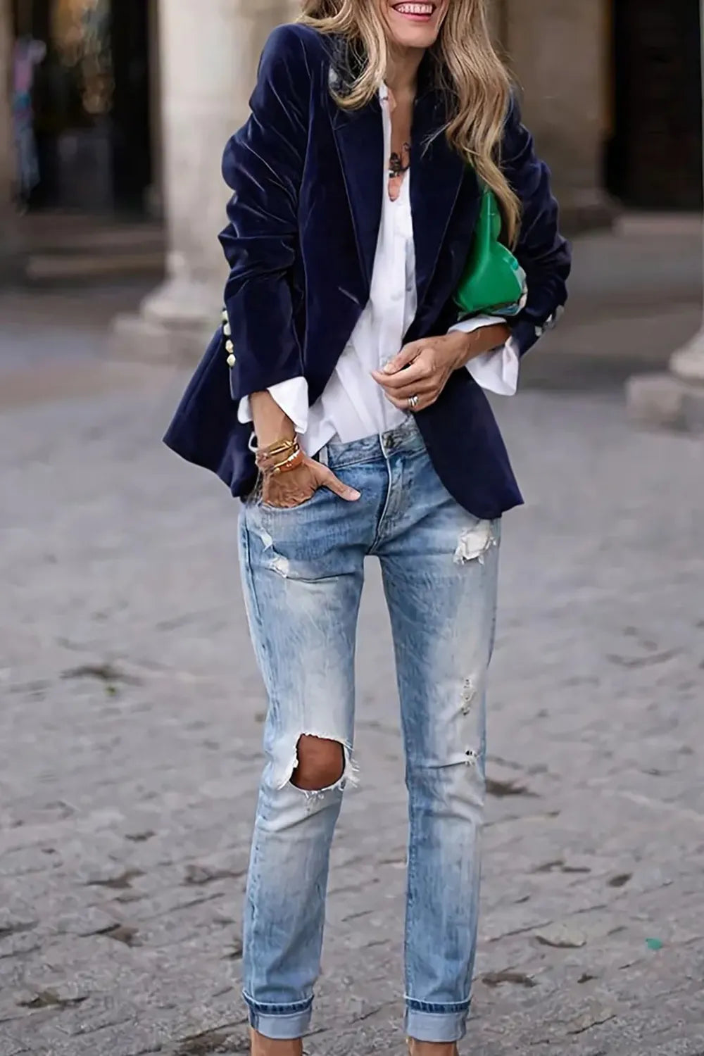 One Button Lapel Collar Long Sleeve Blazer - Fashorio