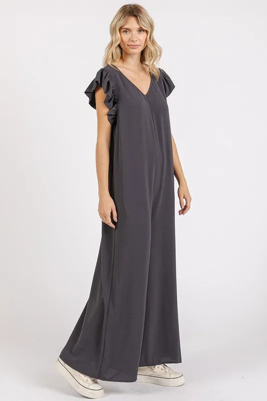 V Neck Ruffled Cap Sleeve Wide Leg Jumpsuit detail