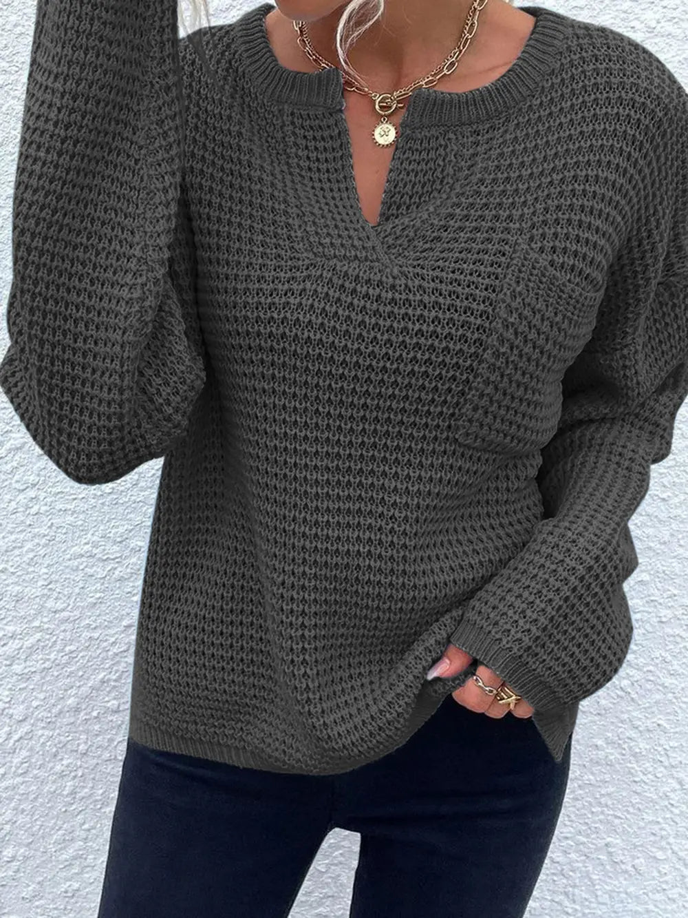 Notched Long Sleeve Sweater - Fashorio