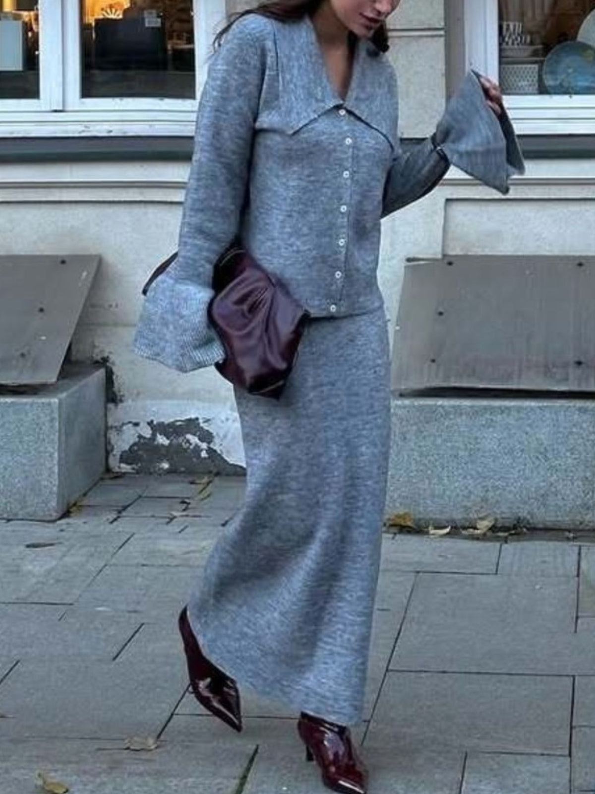 Button Down Cardigan and Skirt Knit Set, view 9