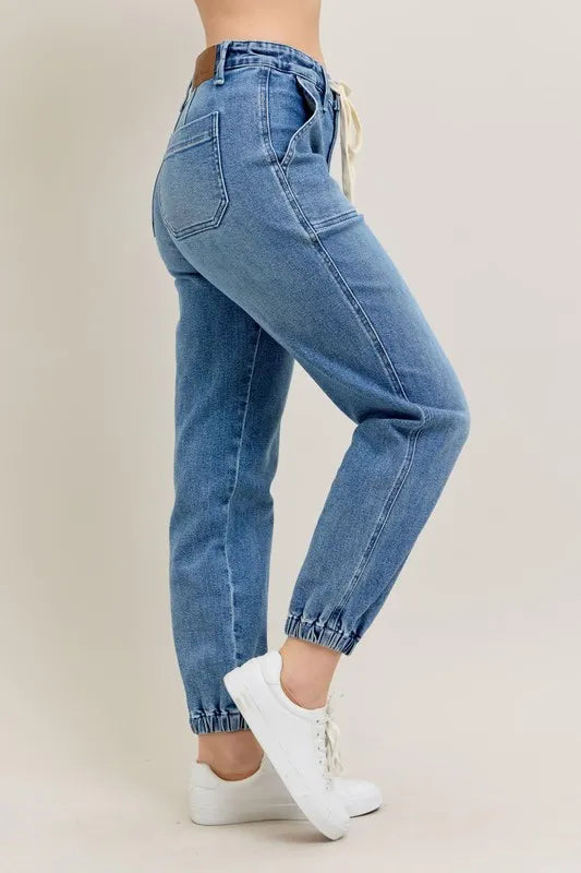 High waist denim joggers styled with top