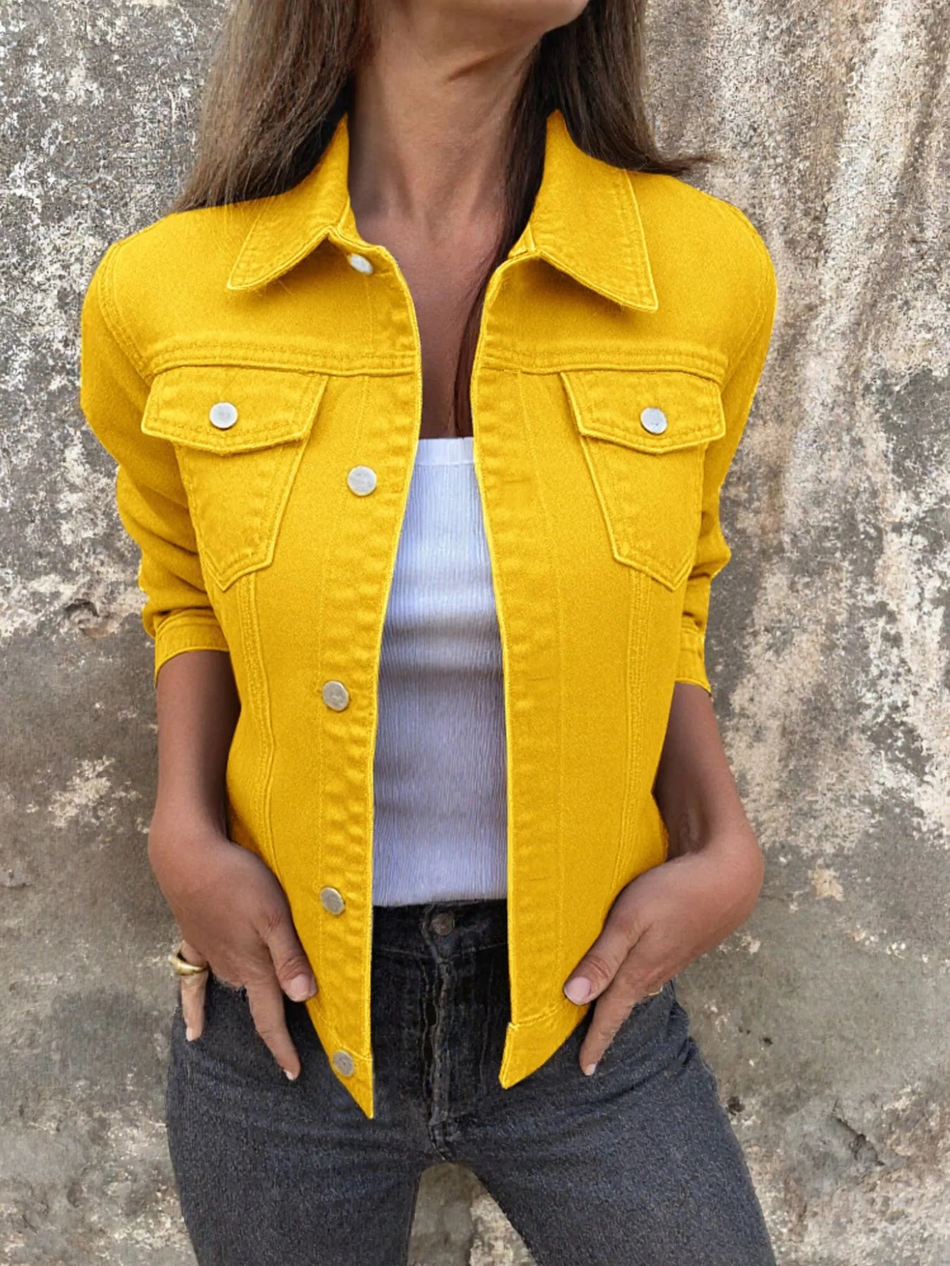 Button Front Closure Denim Jacket Yellow - Fashorio