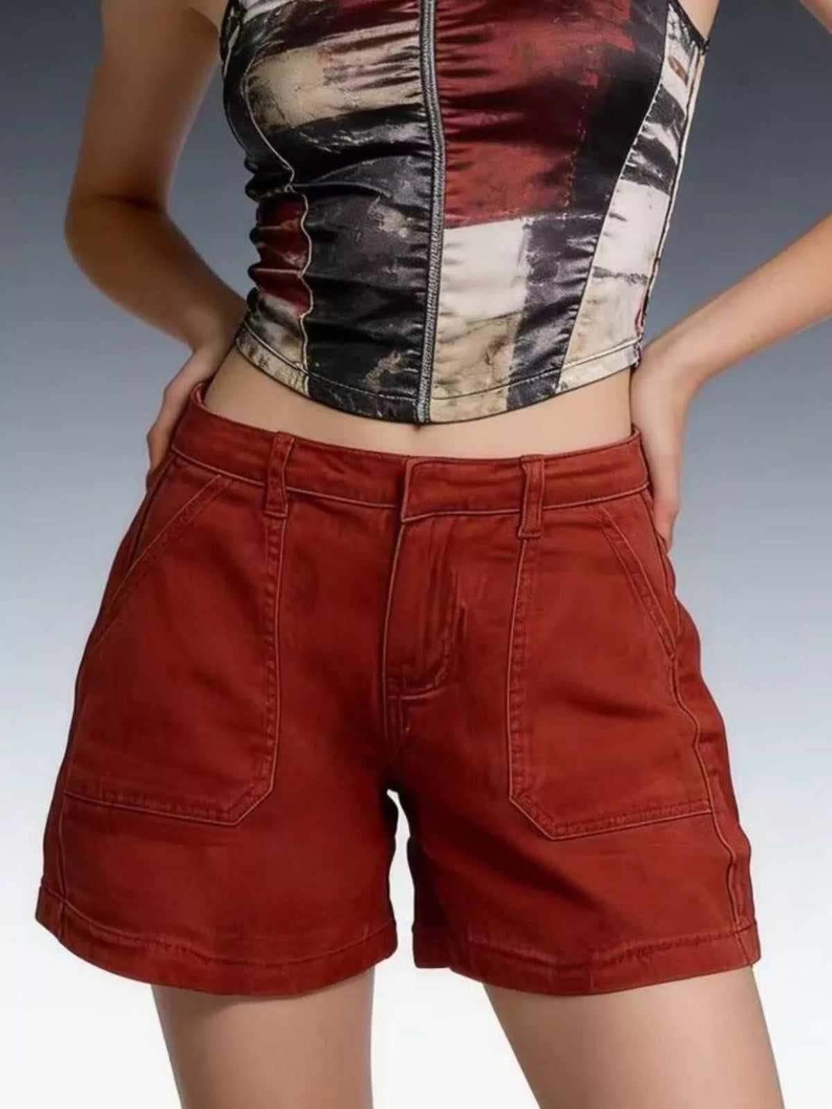Denim shorts alternate color hem detail
