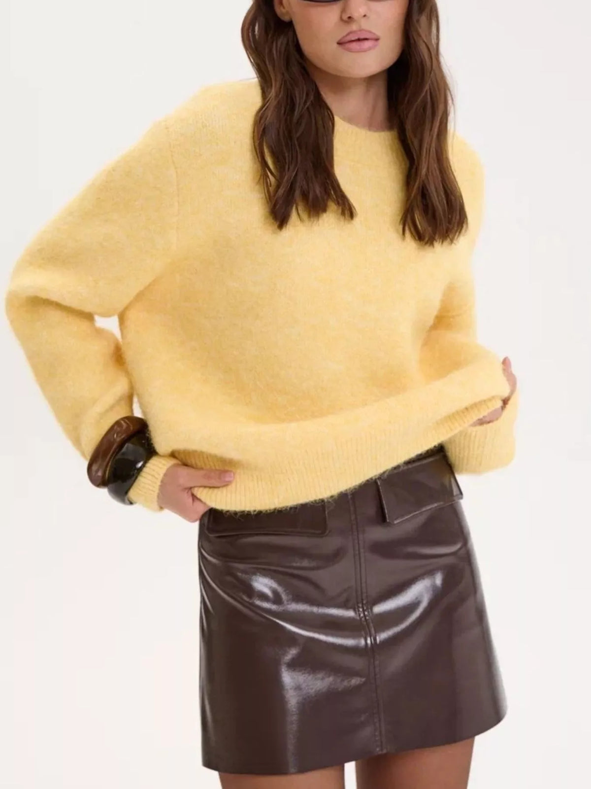 round neck dropped shoulder sweater three quarter view