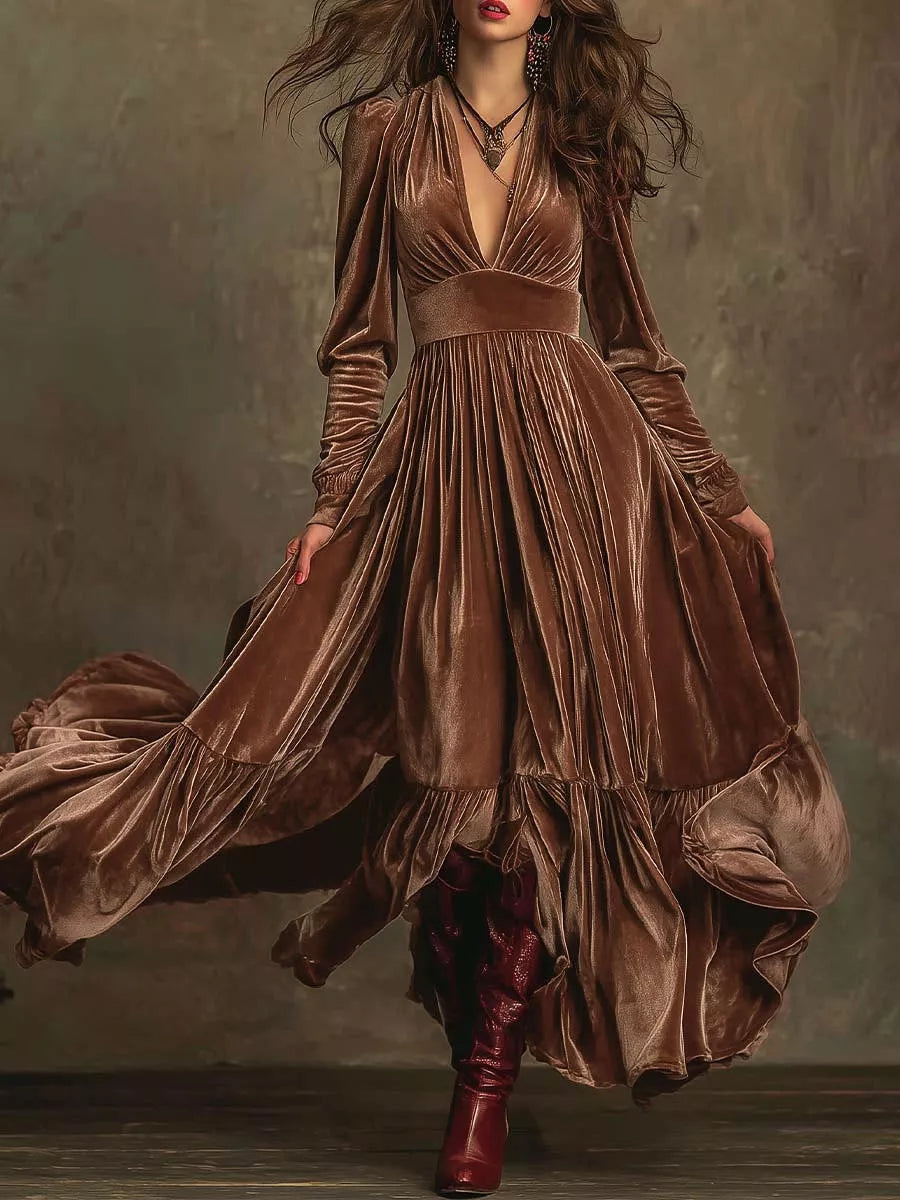 Ruffled hem long sleeve maxi dress neckline detail