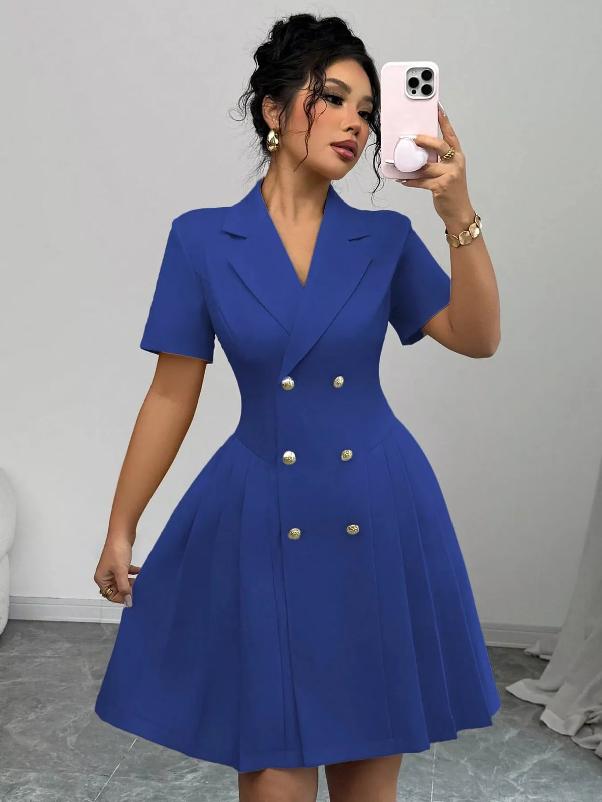 Double breasted pleated blazer dress styled view