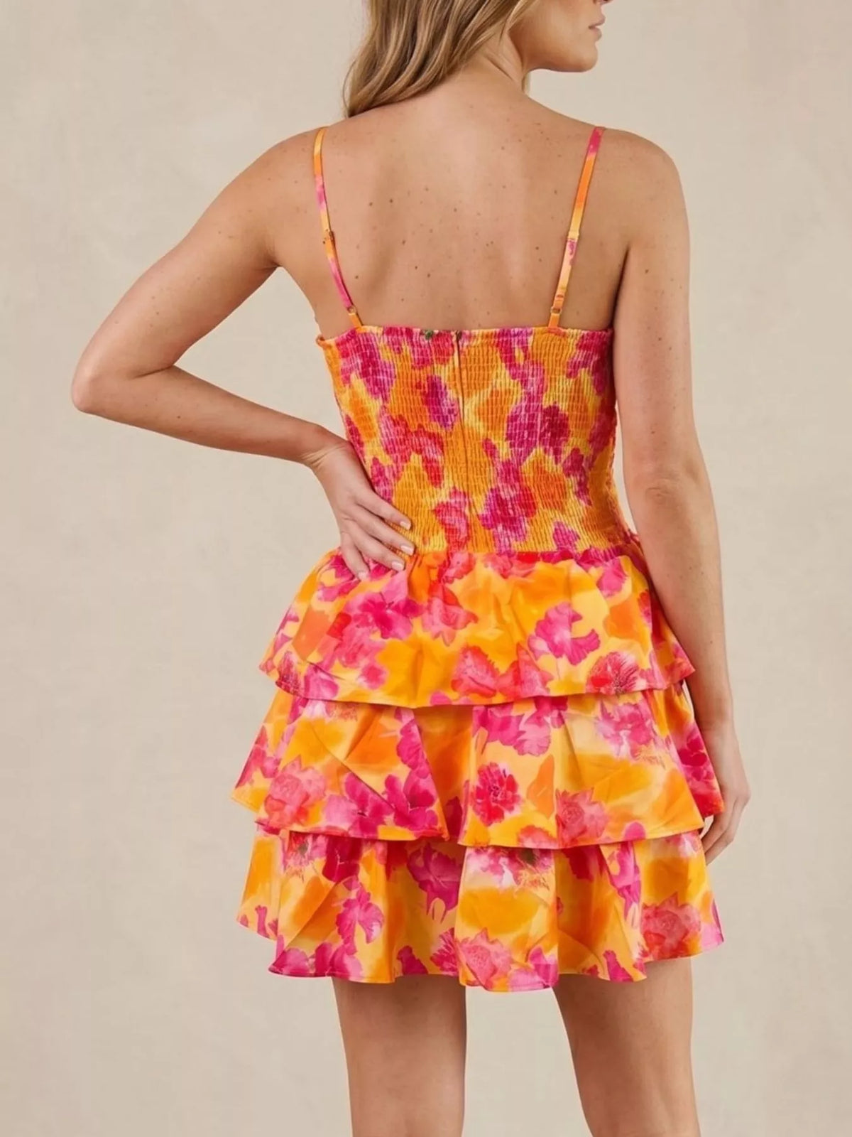 Orange floral cutout ruffle mini dress back view