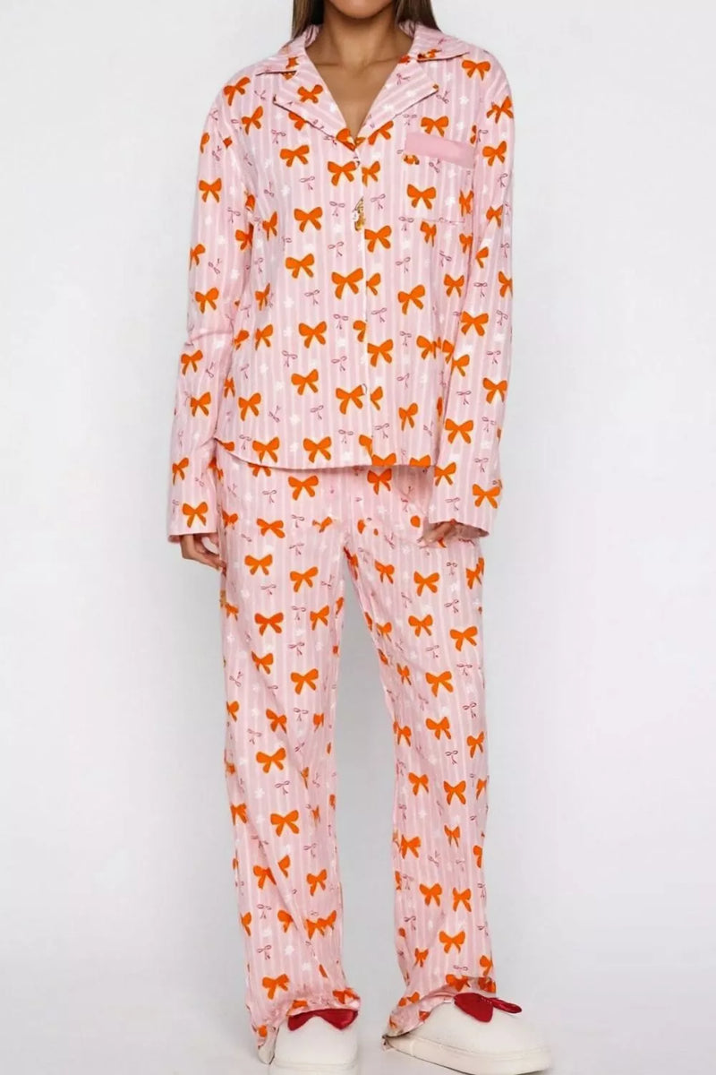 Bow print top and wide leg pants lounge set front view