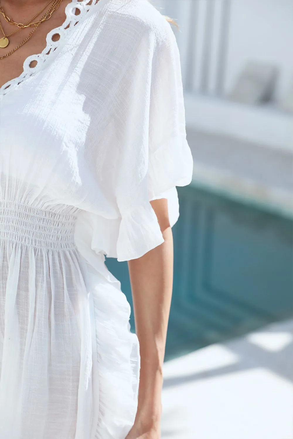 Ruffled Smocked Waist V-Neck Cover-Up - Fashorio