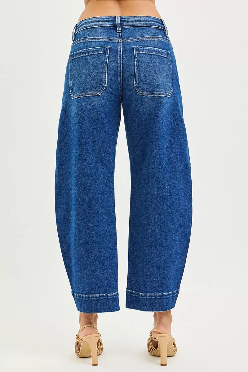Close up of mid rise waistband on RISEN barrel jeans