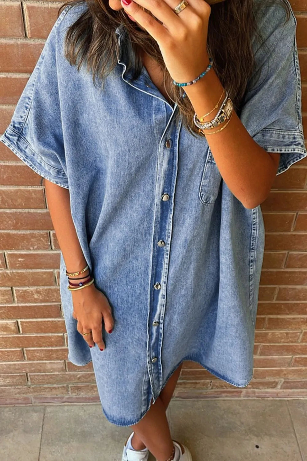 Oversized Button Down Denim Shirt Dress - Fashorio