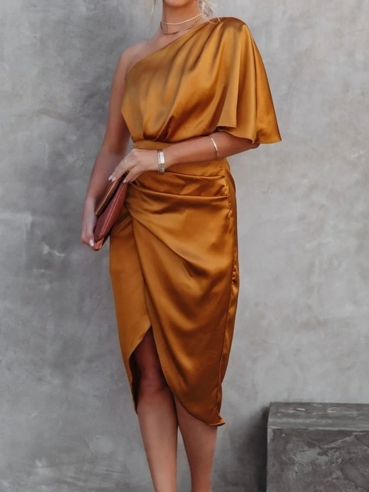 One shoulder satin wrap dress with side slit full length styling