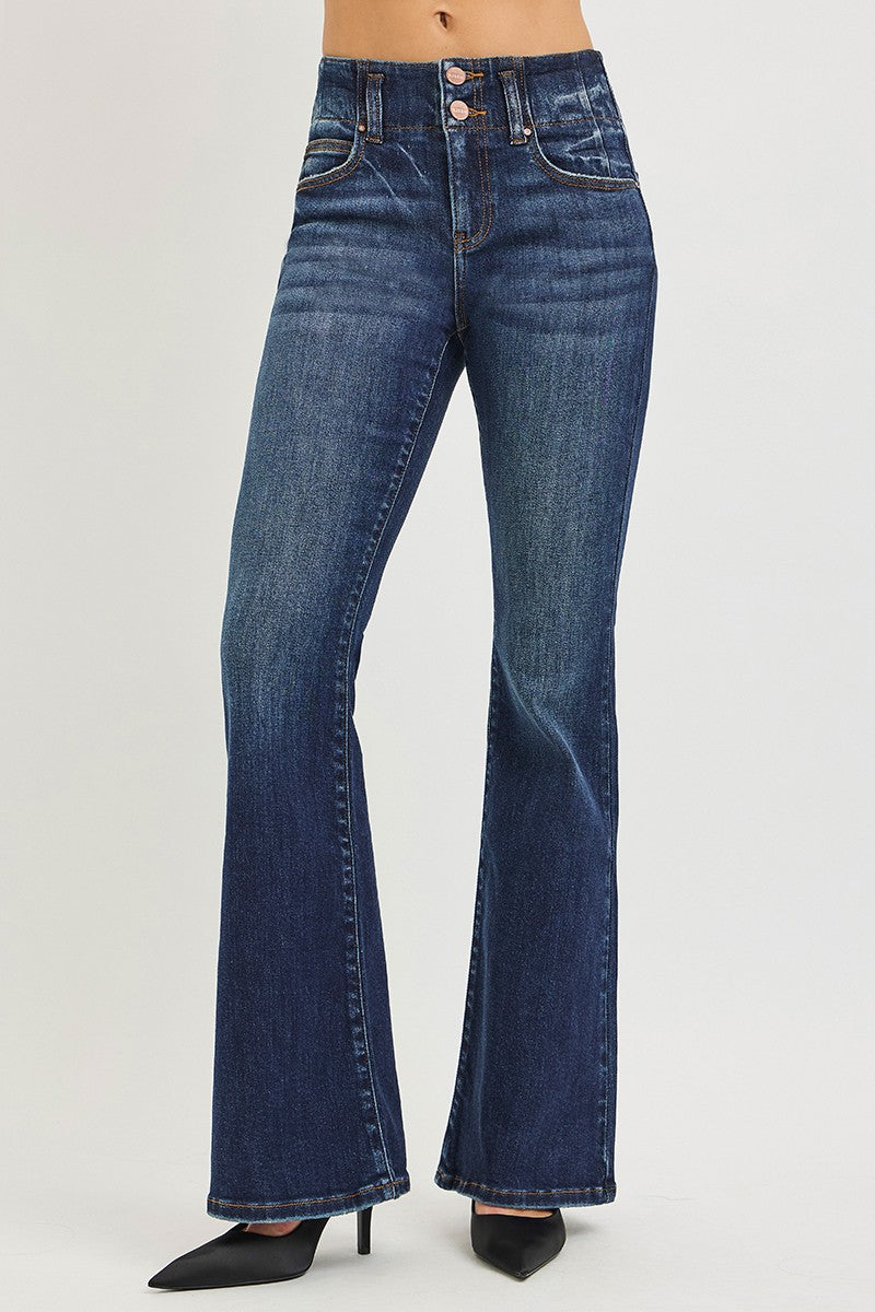 RISEN high rise flare jeans dark wash front view