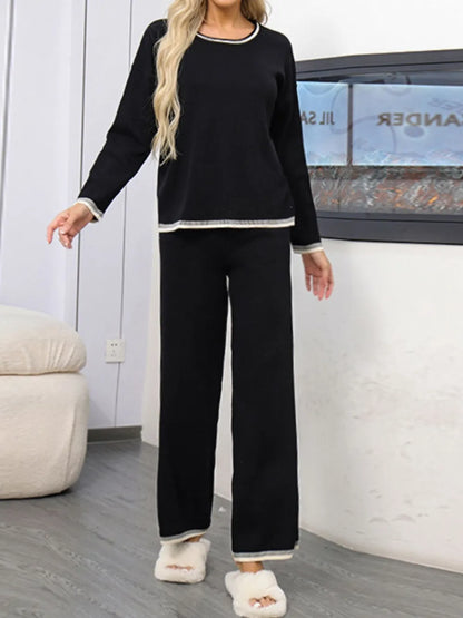 Contrast Trim Round Neck Top and Pants Sweater Set - Fashorio