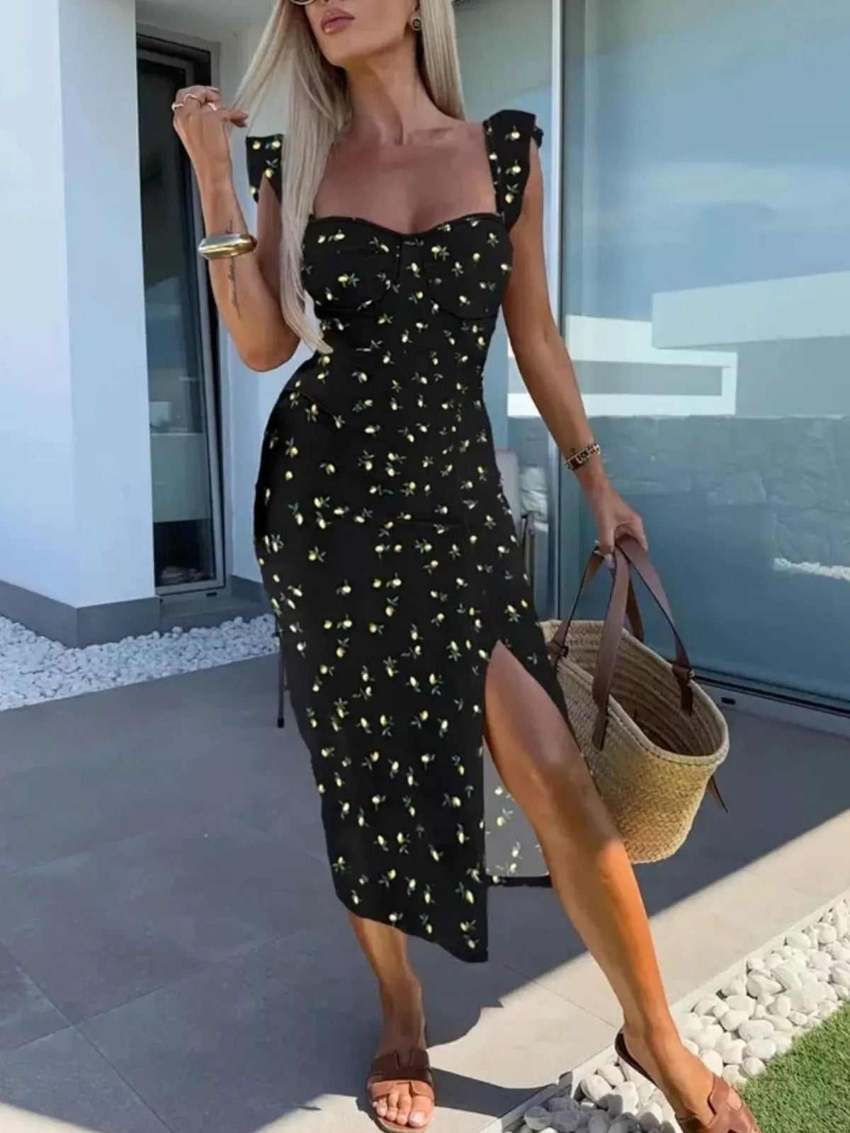 Sweetheart neck party midi dress front pose