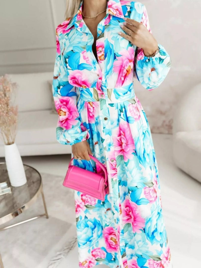 Printed button front maxi shirt dress front view