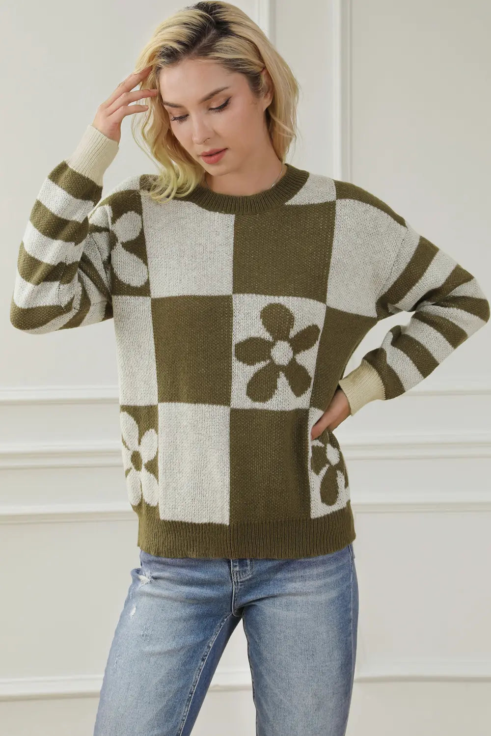 Contrast Round Neck Long Sleeve Sweater - Fashorio