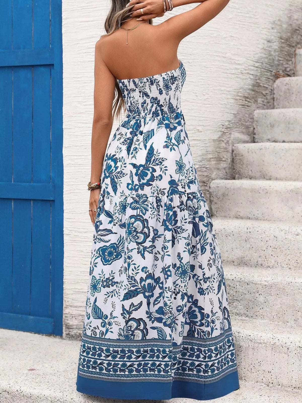 Blue floral strapless maxi dress styled look
